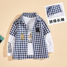 男童长袖衬衫薄款洋气开衫中小童儿童休闲卡通字母印花假两件上衣