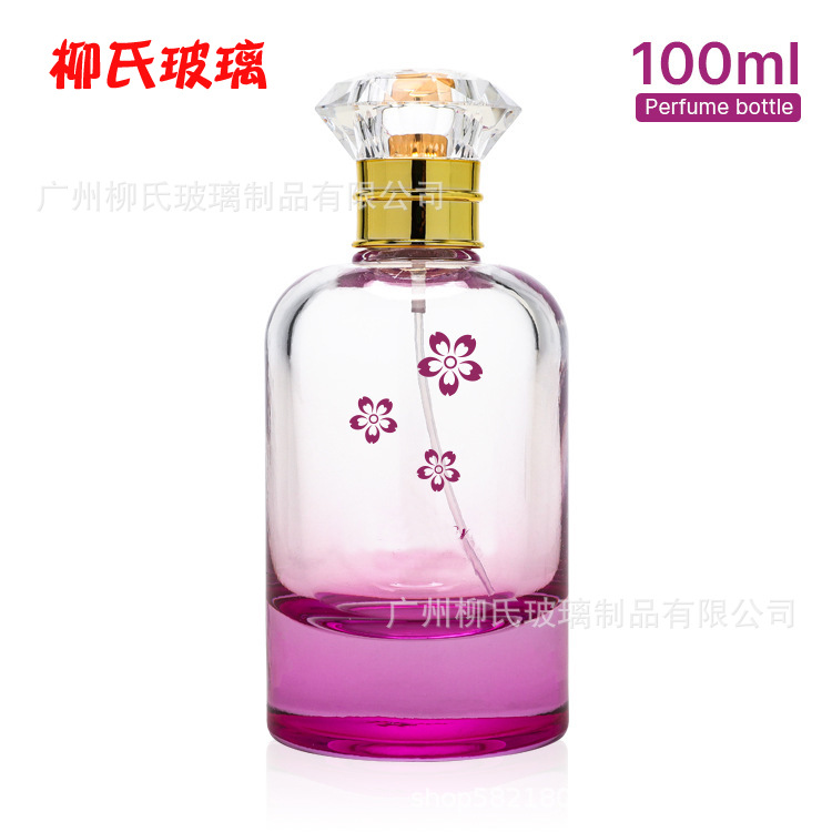 新款厚底粉色喷涂喷雾香水瓶圆形斜肩按压100ml玻璃香水瓶子厂家