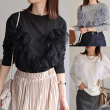 3色日本乐天秋冬新款网纱拼接女长袖棉T恤白领棉上衣