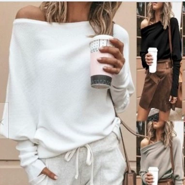 Amazon желает трансграничную осенне-зимнюю сексуальную футболку с открытыми плечами и длинными рукавами с вырезом «летучая мышь»