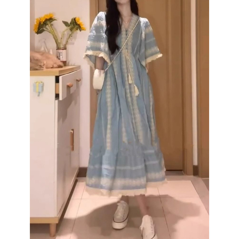 胖mm大码法式民族风连衣裙女装夏季宽松显瘦度假海滩长款短袖长裙|undefined