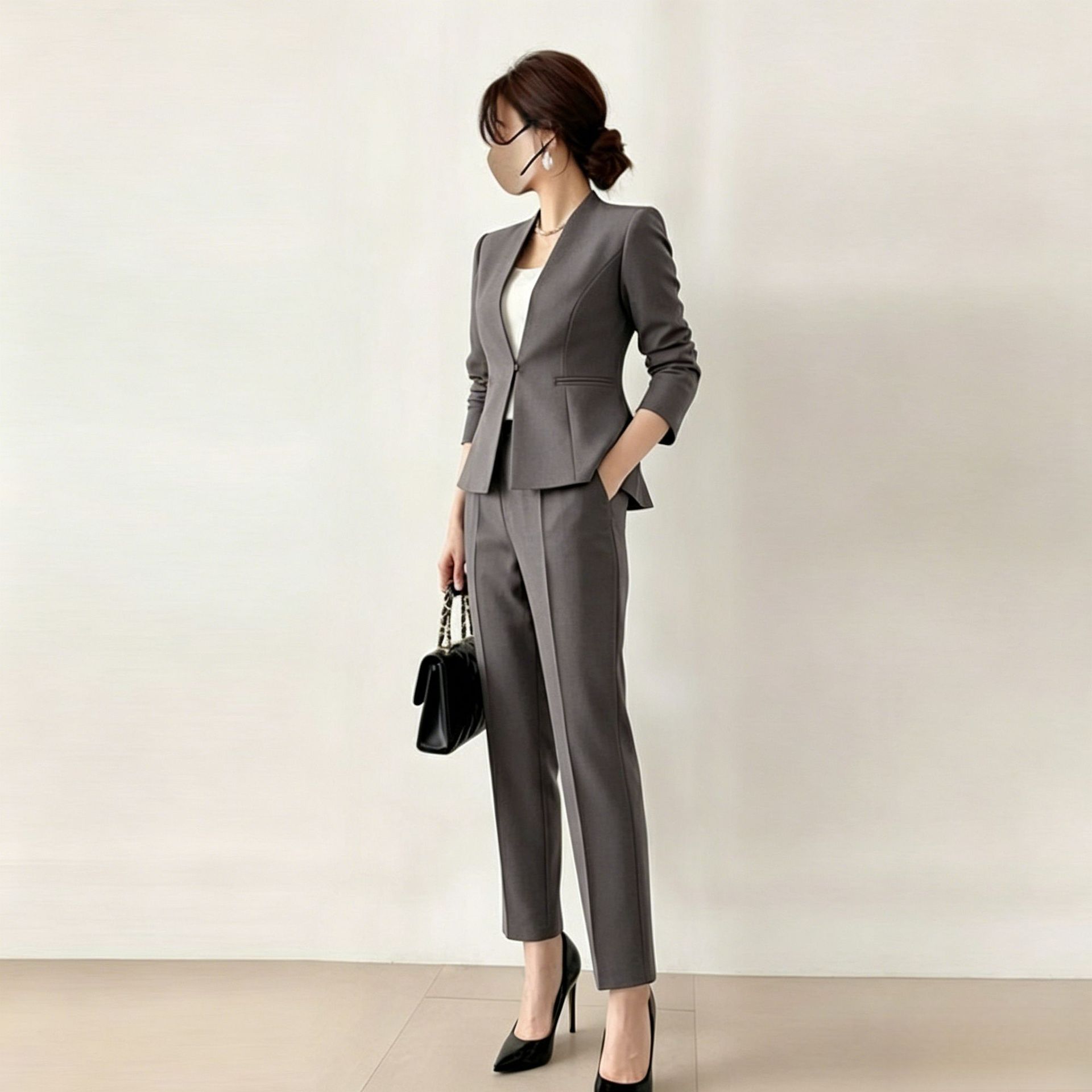 In Stock 2026 Spring New Style Collarless Waist-Cinching Blazer and Cigarette Pants Two-Piece Set