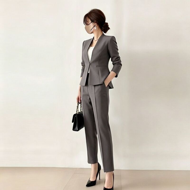 In Stock 2026 Spring New Style Collarless Waist-Cinching Blazer and Cigarette Pants Two-Piece Set