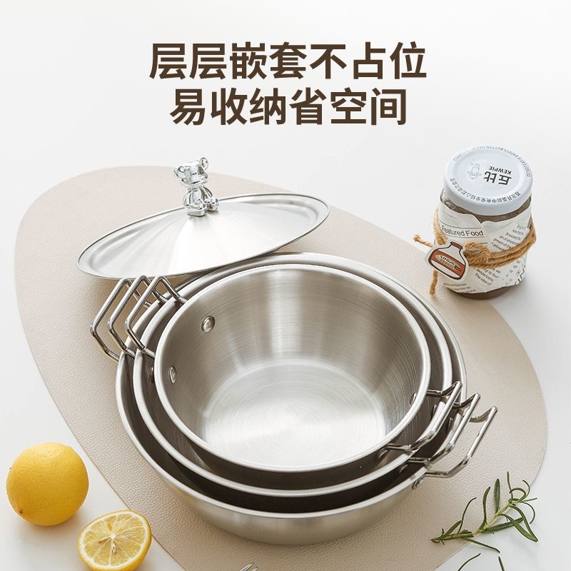 Stainless Steel Double-Handle Instant Noodle Pot, Korean-Style Large-Capacity Snail Noodle Bowl with Lid, Suitable for Dormitory, Home Use, Student Rice Mixing Bowl, Wholesale