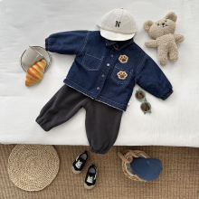 韩版男童冬季加绒牛仔衣儿童卡通刺绣加厚衬衣洋气宝宝保暖外套潮