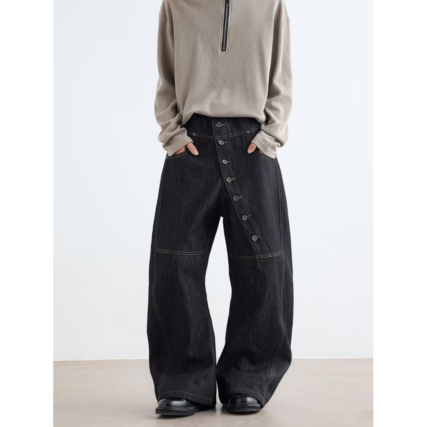 Men's Clothing Retro Patchwork Black Jeans For Unisex Plus Size Elastic Waist Loose Fit Slimming Versatile Spring Casual Denim_voghion.com