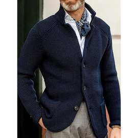 秋冬纯色立领单排扣修身针织大码长袖外套男Men's knitted jacket