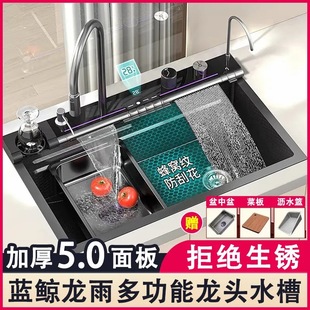 Blue Whale Longyu 304 Stainless Steel 5MM Household Large Single Slot Kitchen Feiyu Waterfall Digital Display Multifunctional Honeycomb Vegetable Washing