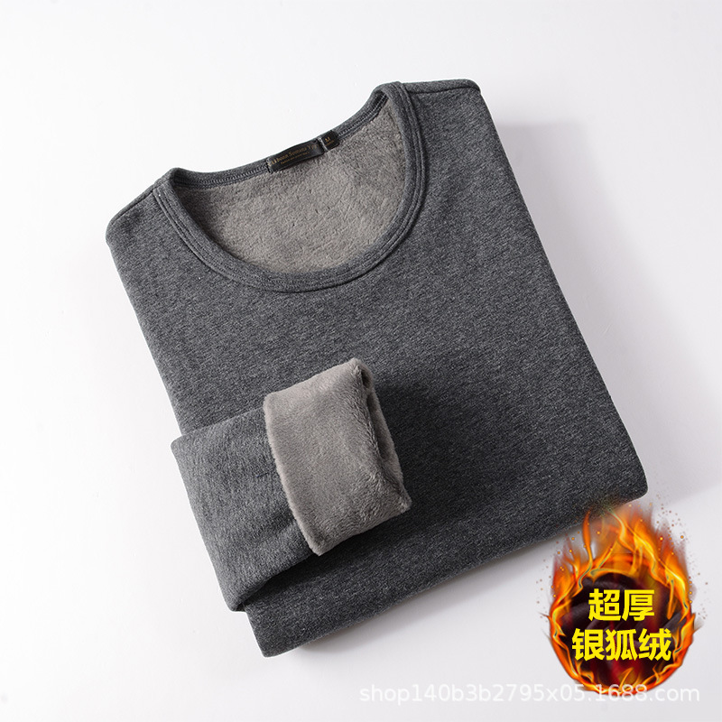 420g Silver Fox Velvet Men's Long-Sleeved T-Shirt Top Round Neck Base Shirt Autumn and Winter Solid Color Thermal Underwear Solid Color Simple