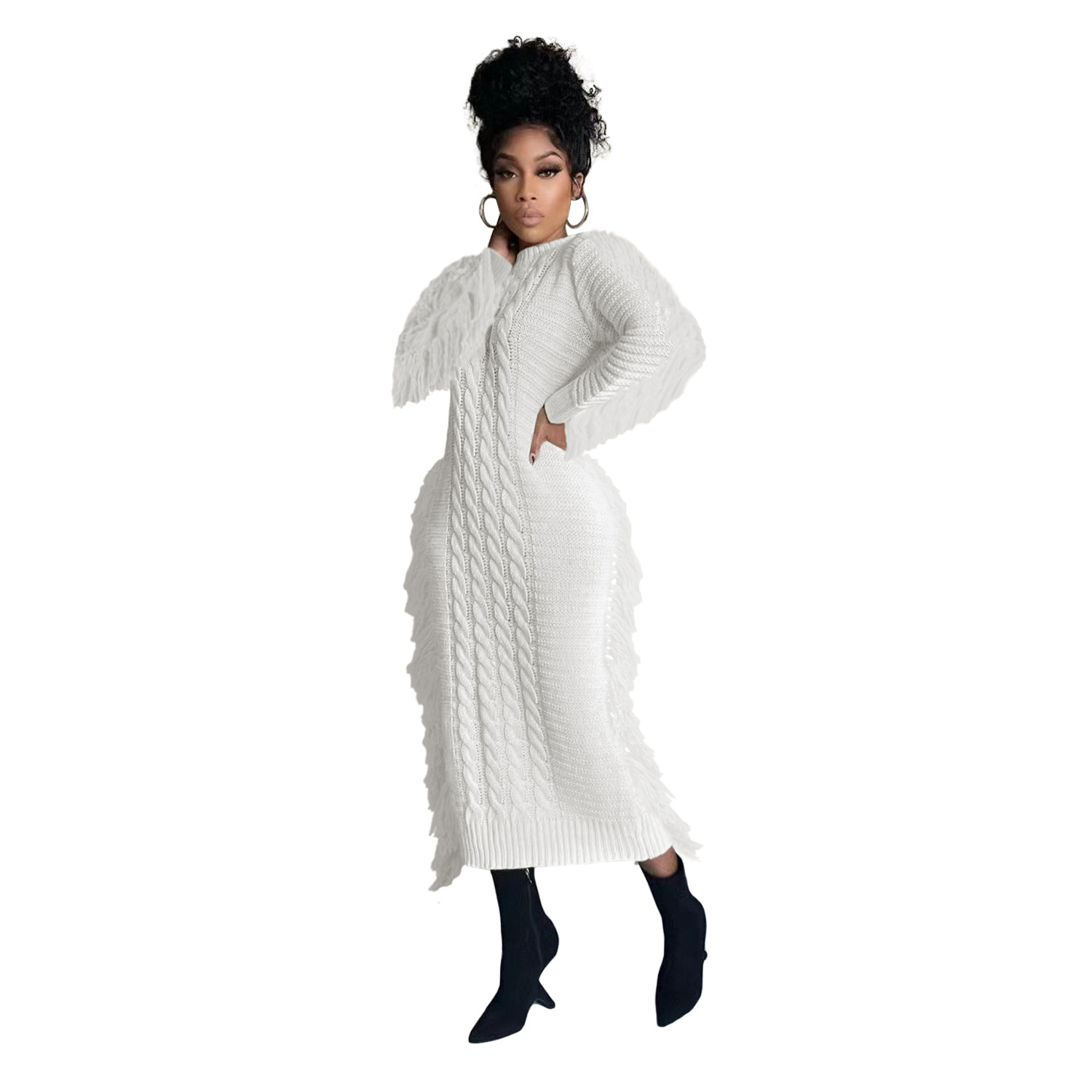 Robe pull femme avec franges longues en maille pour l'hiver_voghion.com
