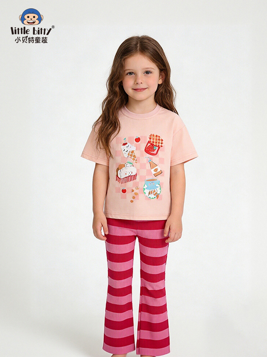 Cross-Border Supply 26 Years of Experience in Spring and Summer Children's Short-Sleeve Long-Pants Sets with Cartoon Food Print, Round Neck, Striped, In-Stock Wholesale