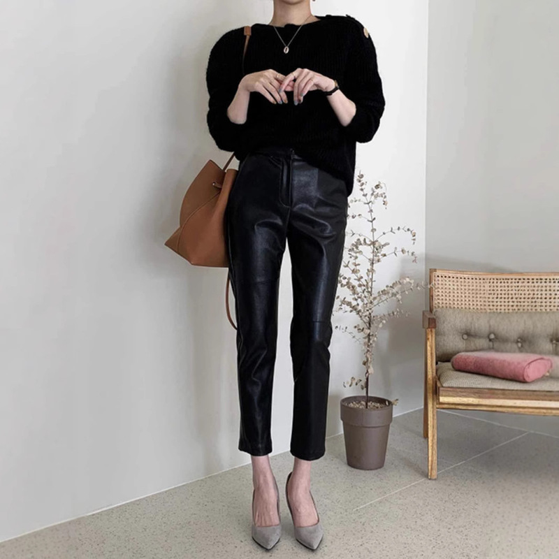 Pu Leather Pants for Women 2026 New Autumn and Winter Fleece-Lined Outerwear Cropped Pants Petite High-Waisted Pencil Pants Straight-Leg Pencil Pants