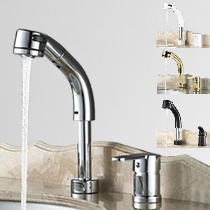 Adjustable Silver Double-Hole Pull-Out Basin Faucet for Hot and Cold Water, Washbasin Faucet