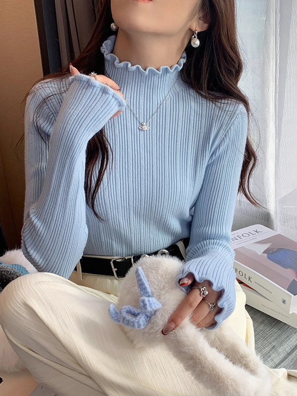 中领打底衫女秋冬高级感2025新款针织衫木耳边内搭上衣半高领毛衣|undefined