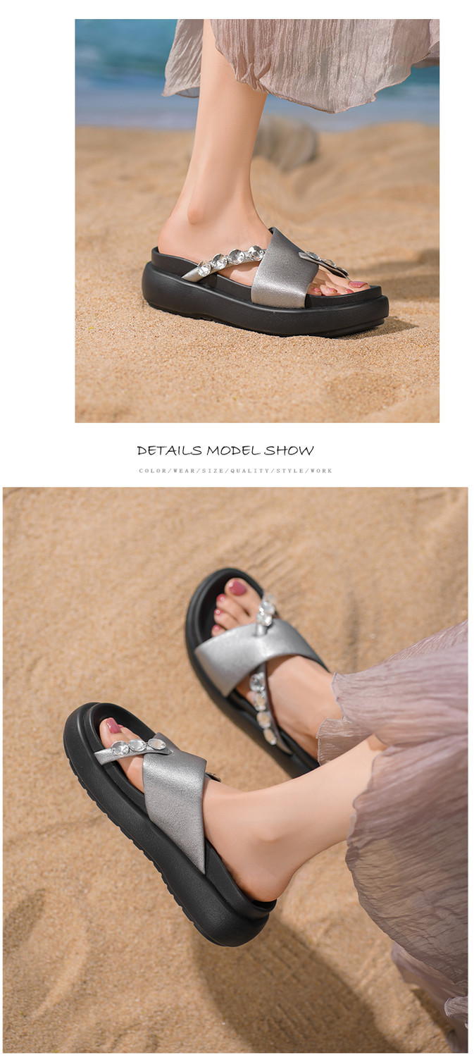 Dép sandal nữ xỏ ngón đế xuồng đính đá pha lê, đế dày thoải mái, đi biển mùa hè — đen, bạc chi tiết 5