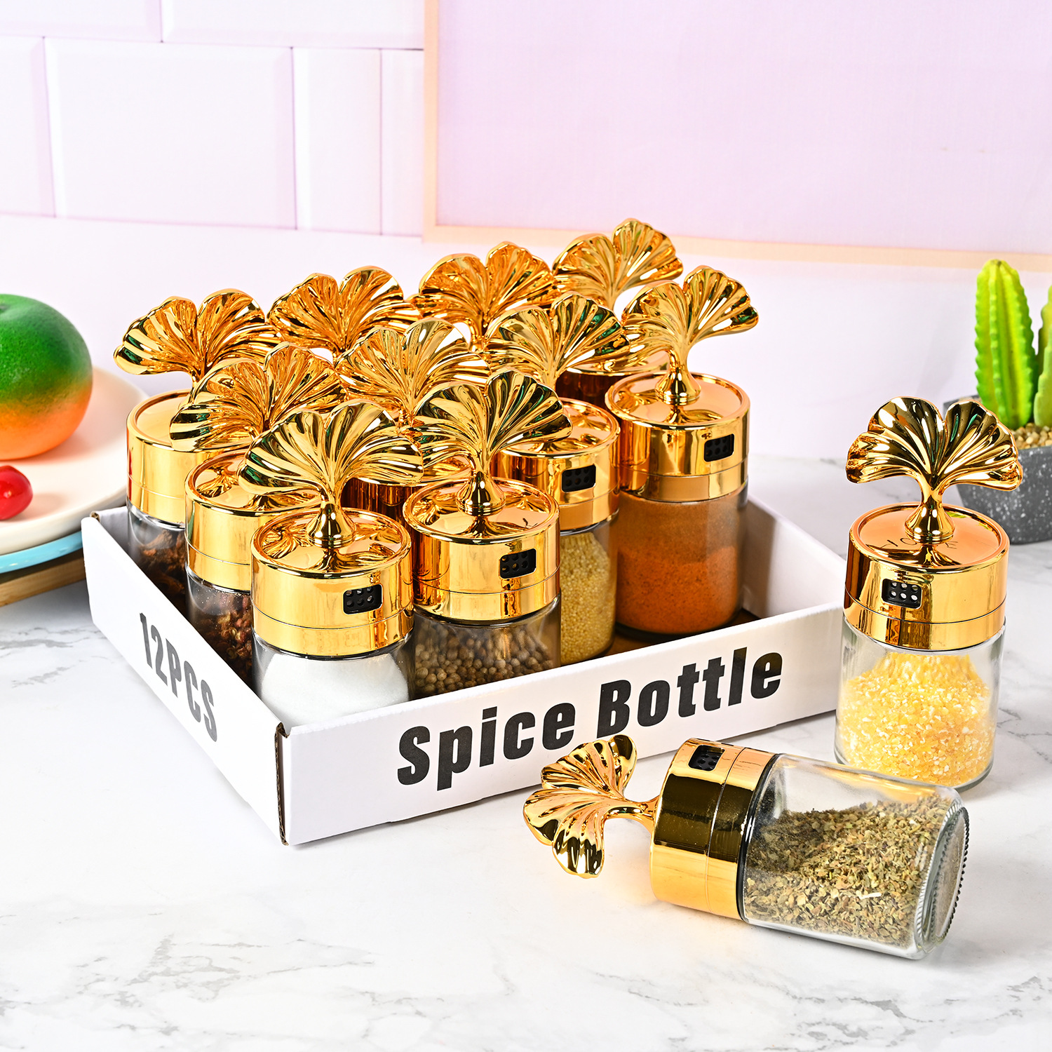 Nueva cocina sellada ginkgo hoja condimento botella hogar frasco de sal vidrio condimento botella condimento caja MSG condimento botella