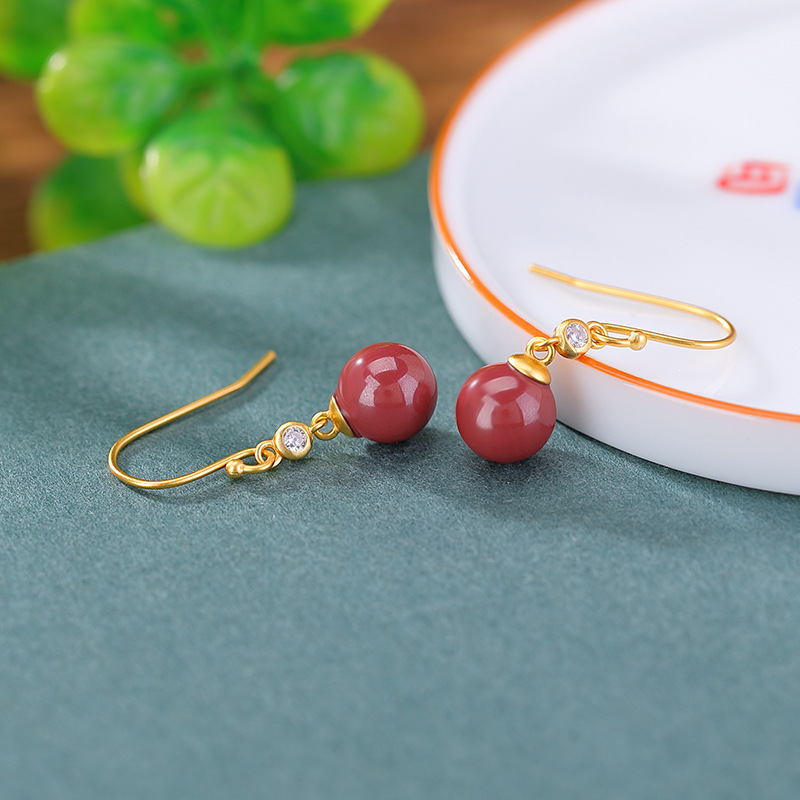 Bông tai móc bạc S925 hạt tròn Cinnabar phong cách cổ điển Trung Hoa — Một cặp