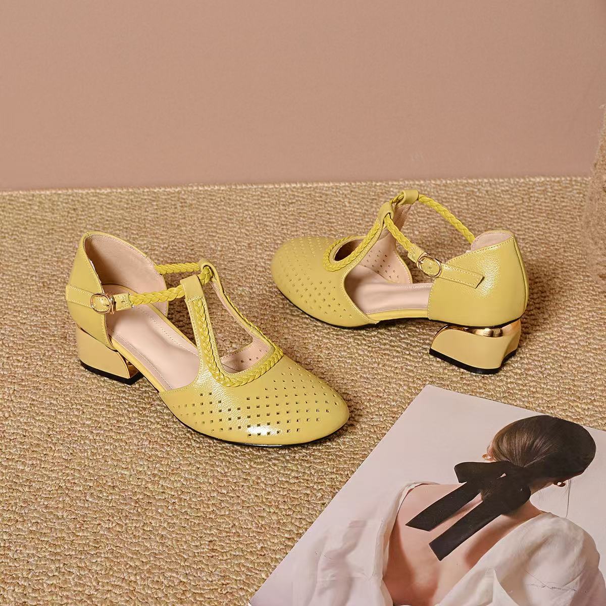 Sandal nữ da thật mũi tròn hở mũi gót thấp quai đơn — Màu đen chi tiết 9
