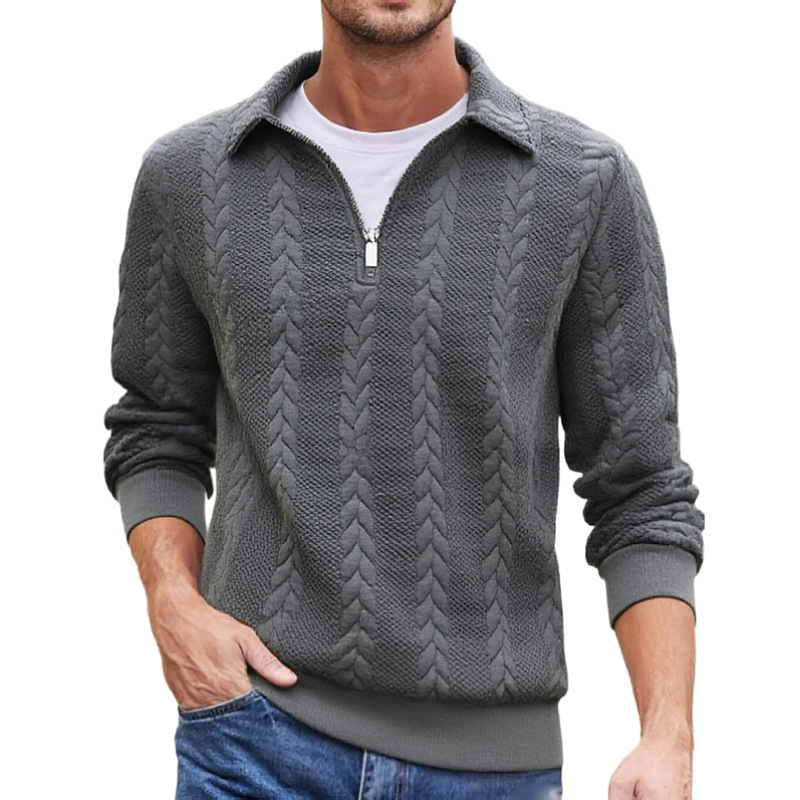 Cross-Border European Size Spring and Autumn Youth Men's Jacquard Lapel Jacket Casual Long-Sleeve Knit Sweater Men's Zip-Up Sweatshirt Jacquard