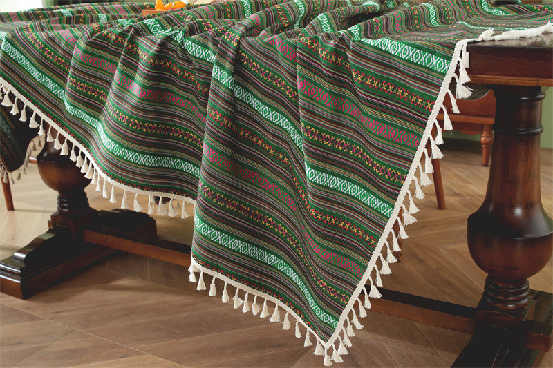 Nappe En Jacquard Style Ethnique Américain Avec Franges Et Dentelle_voghion.com