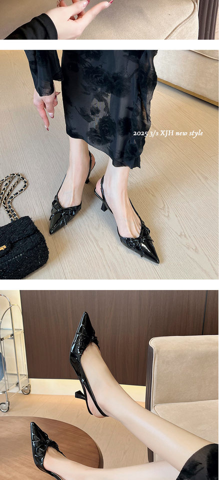 Sandal nữ bít mũi nhọn gót mảnh thắt nơ, quai hậu hở gót, gót 6–8 cm — Màu trắng be, Màu đen, Màu đỏ rượu chi tiết 12
