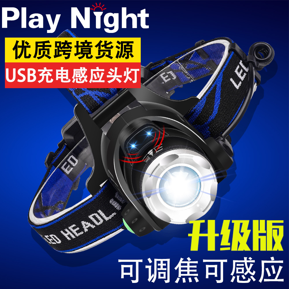 Luz potente, batería de larga duración, sensor, enfoque telescópico, linterna montada en la cabeza, batería de litio recargable por USB, resistente al agua, linterna frontal LED ultrabrillante