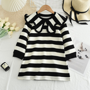 Girls Korean Style Lace Large Lapel Dress Spring & Fall New Kidsren's Stripesd Long-Sleeved Skirt Kidsren's Skirt Kidsren's Clothing Dropshipping