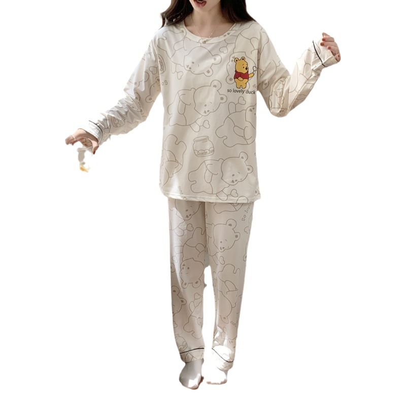 Estilo simple japonés pijamas chica de algodón-como cuello redondo de manga larga de otoño e invierno con almohadilla en el pecho dulce Winnie the Pooh traje de desgaste para el hogar