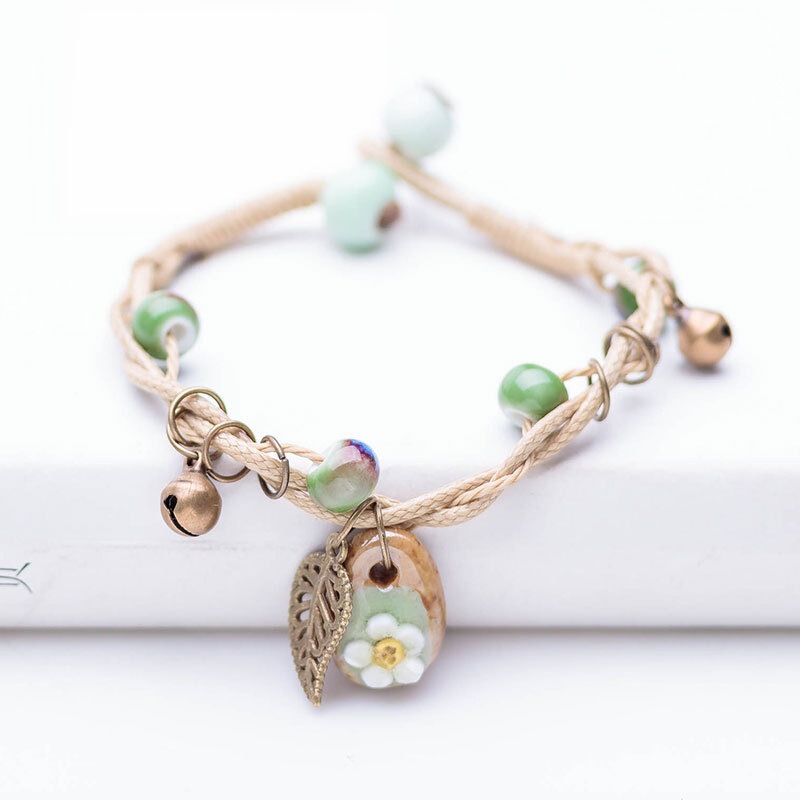 Forest-Style Retro Ceramic Stone Flower Woven Bracelet for Women, Sweet Ethnic Style Versatile Bracelet with Ceramic Flower Accessories