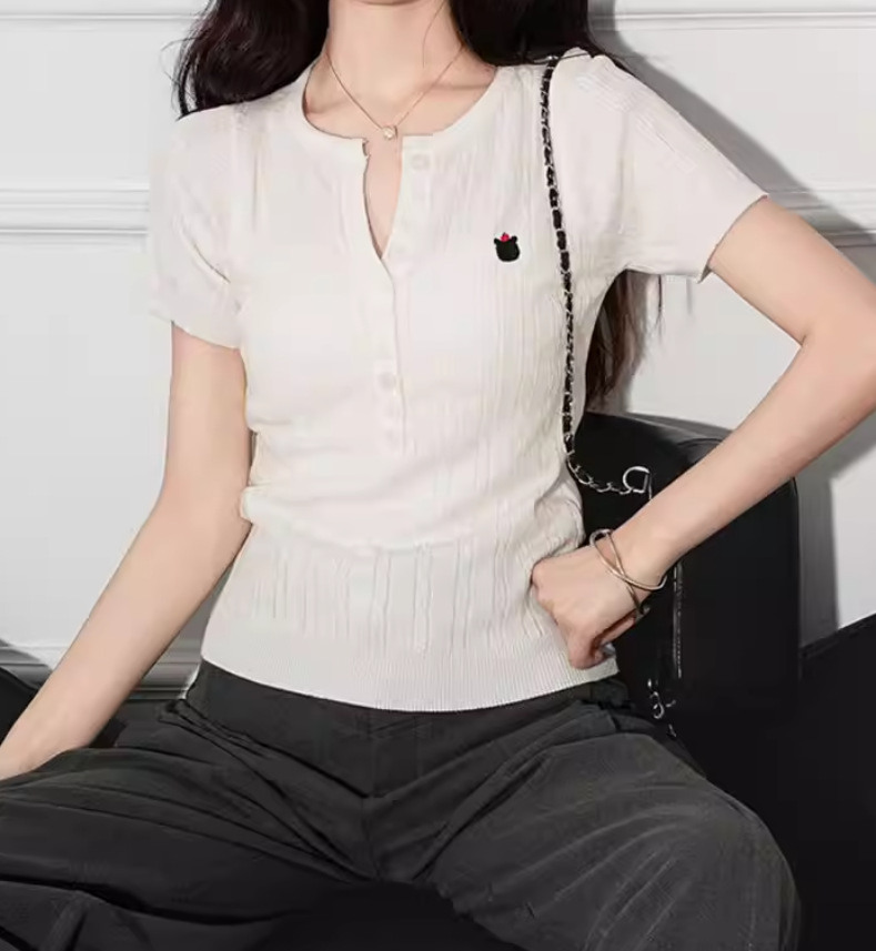 Áo thun nữ cổ V tay ngắn, chất liệu len mỏng, form ôm nhẹ, phù hợp mùa hè — Màu ảnh chi tiết 4