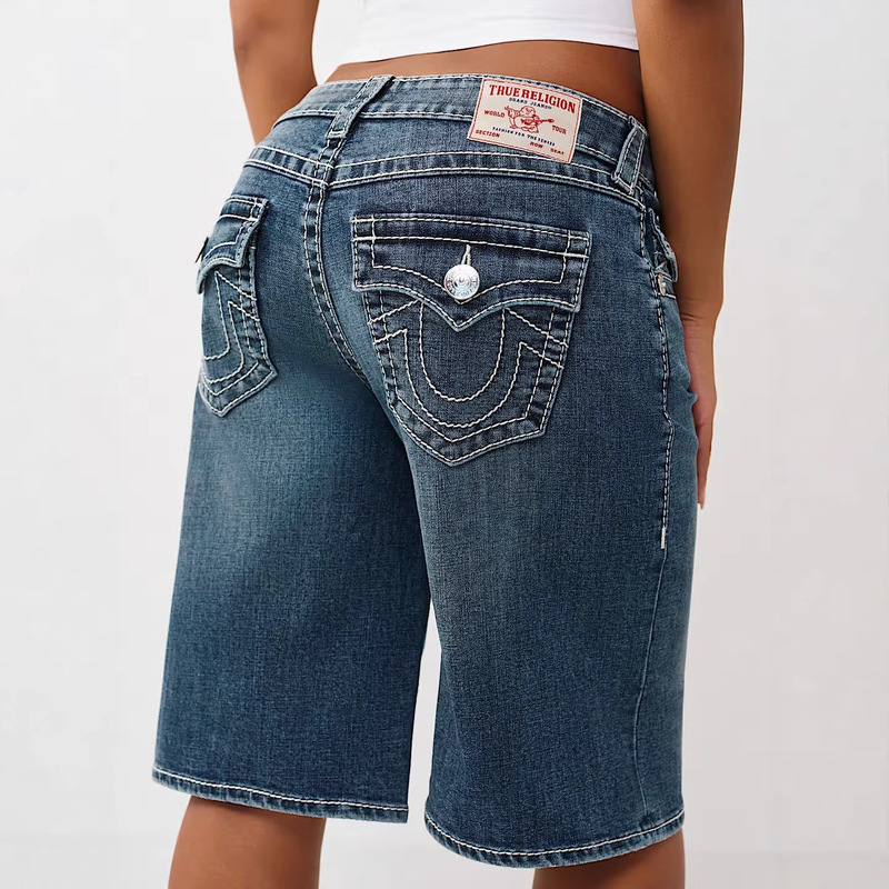 Cross-Border European and American Style True Religion Casual Street Embroidered Loose Denim Shorts for Women, Knee-Length Shorts