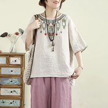 外贸 文艺复古刺绣棉麻T恤女25夏季新款宽松圆领休闲半袖上衣女