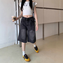 美式复古黑灰色牛仔中裤女夏季新款高腰小个子直筒阔腿裤七分裤子