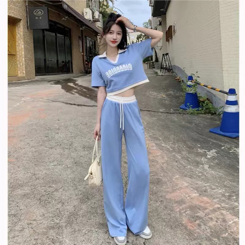 Свободный Спортивный Повседневный костюм, Летний милый и пряный топ с воротником поло и короткими рукавами + брюки с драпировкой, Модный комплект из двух предметов для женщин