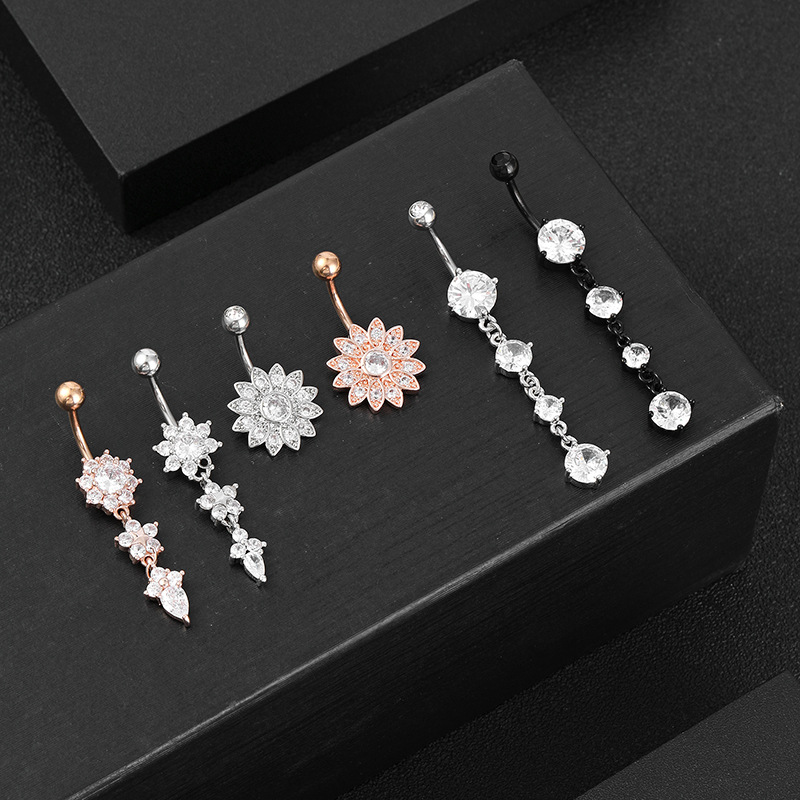 Simple Style Round Flower Stainless Steel Inlay Zircon Belly Ring 1 Piece
