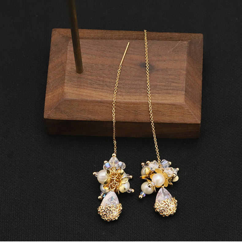 Fashion Water Droplets Pearl Plating Inlay Crystal Pearl Drop Earrings 1 Pair