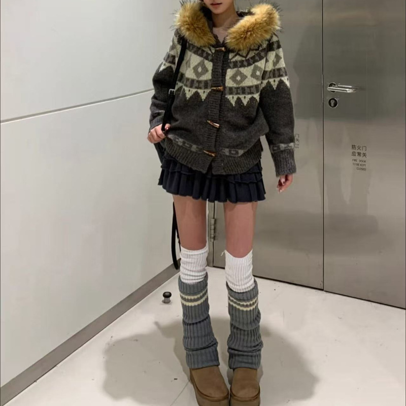 【大版】秋冬季加厚撞色费尔岛提花可拆卸毛领针织衫设计感毛衣外|undefined