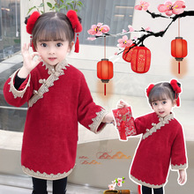 女童拜年服2022冬款过年女宝宝红色中国风改良旗袍儿童加绒连衣裙