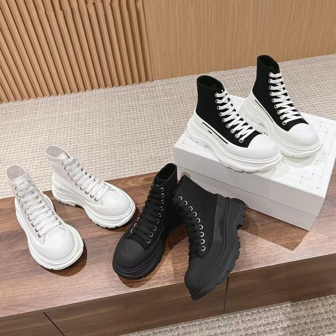 Mcqueen Canvas Shoes for Women 2024 Autumn and Winter Inner Heightening Versatile Platform Thick-Soled Couple Dad Shoes Breathable High-Top Shoes