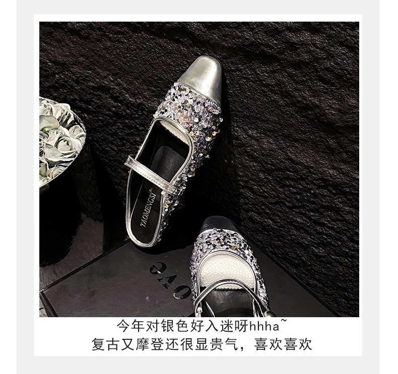 Dép mule sandal nữ bít mũi vuông quai ngang đính sequin lấp lánh, gót thấp 1–3 cm — Màu bạc, Màu đen chi tiết 8