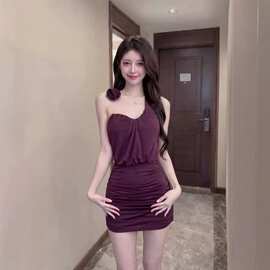 【人棉➕胸垫配饰花】吊带修身包臀短裙时尚气质紫色连衣裙2026夏
