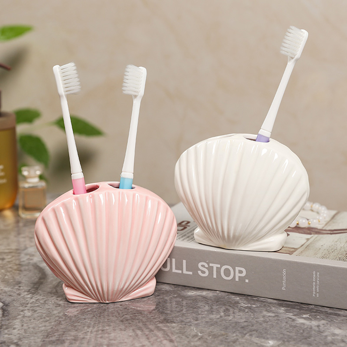 陶瓷海洋风贝壳牙刷架沥水免打孔卫生间置物架浴室洗手台装饰摆件