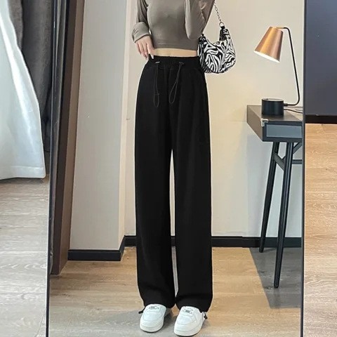 美式运动裤子女春夏秋束脚宽松阔腿裤高腰垂感抽绳休闲直筒裤批发