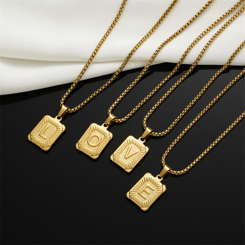 Cross-Border Amazon Popular Stainless Steel 26 English Double-Sided Letter Pendant Titanium Steel Square Necklace European and American Export Accessories