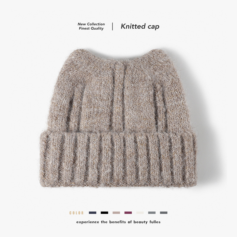 New Style Cute Cat Ear Knit Hat, Versatile for Outdoor Use, Thickened for Warmth in Winter, Large Head Circumference, Pullover Knit Hat for Women