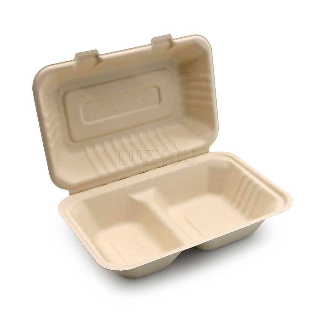 Shaogeng oasis Pulpa de caña de azúcar Pulpa de bambú 9 pulgadas caja de almuerzo de dos rejillas caja de cerradura respetuosa con el medio ambiente vajilla desechable degradable compostable