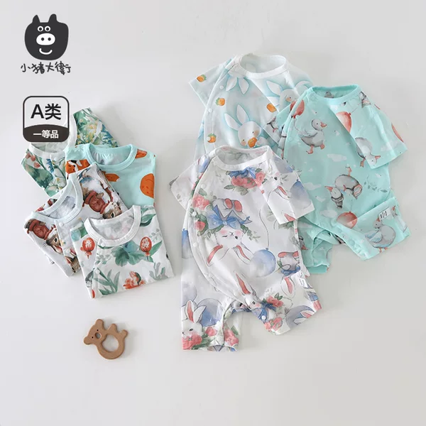 Little Pig David 2026 Summer New Style Infant Short-Sleeve Romper with Side Opening, Newborn Pure Cotton Thin Air Conditioning Suit