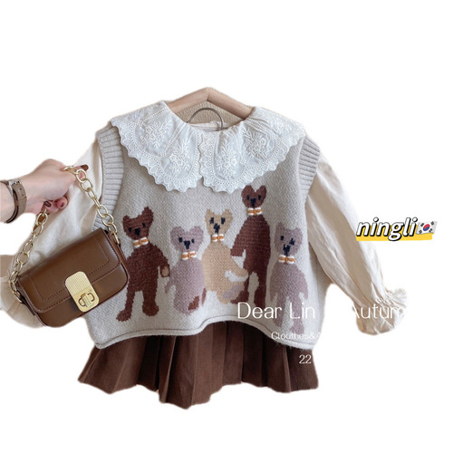 Children's set of three spring and autumn items for girls, small and medium children's stylish set, children's knitted vest clothing, baby winter fashion