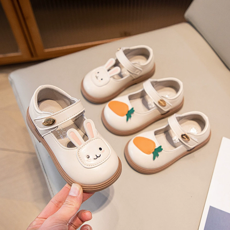 Кожаная обувь для девочек 2024, Весенняя новая детская обувь в западном стиле, обувь для принцессы с милым кроликом Мэри Джейн