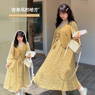 Fat sister plus size women's sweet floral skirt suit autumn new vest dress two-piece 310641